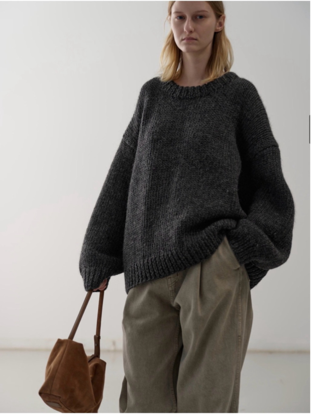 Handmade Facade Pattern Gray 100% Wool Chunky Knit Oversized Sweater Medium